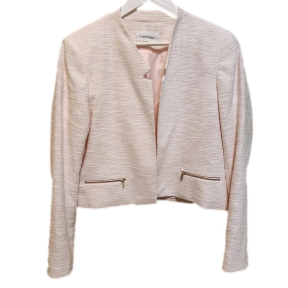CALVIN Klein Tweed Pink with Gold Zippers Cropped Blazer Size 14